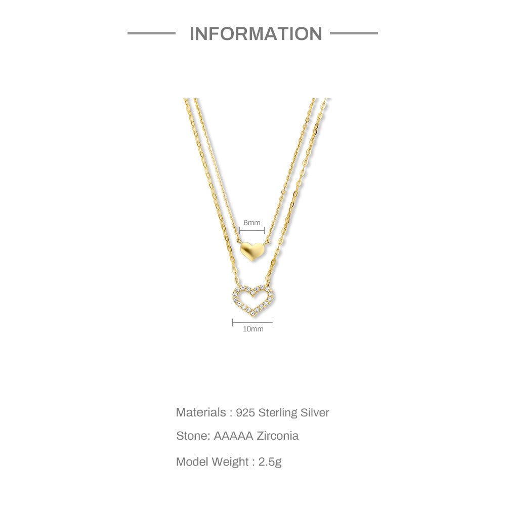 Sterling Silver Double Heart Diamond Clavicle Necklace - AmiraMart