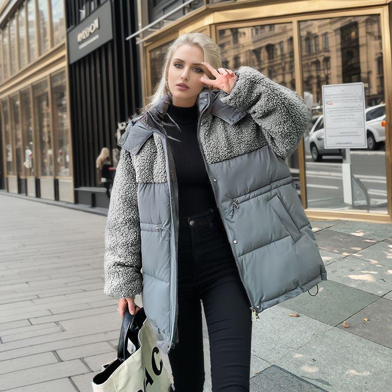 Stitching Lamb Wool Waist Drawstring Coat - AmiraMart