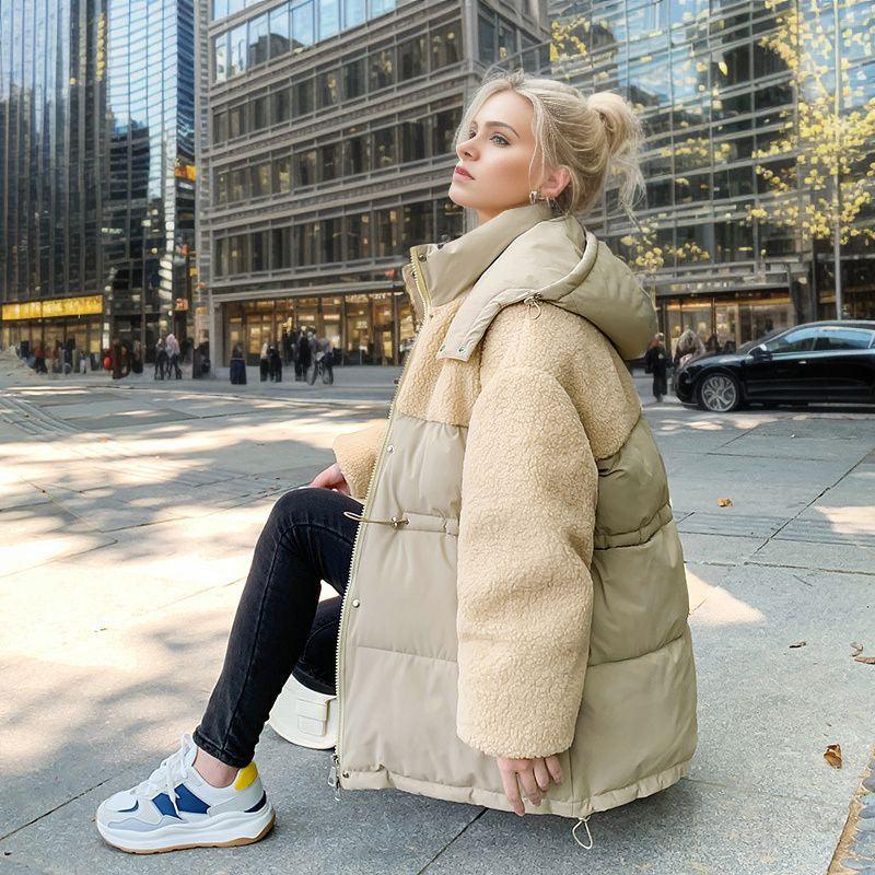 Stitching Lamb Wool Waist Drawstring Coat - AmiraMart