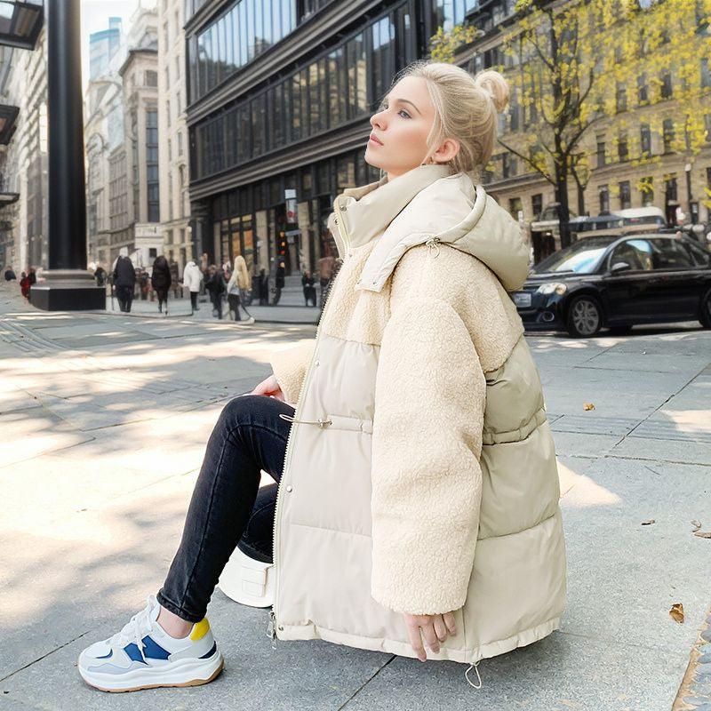 Stitching Lamb Wool Waist Drawstring Coat - AmiraMart