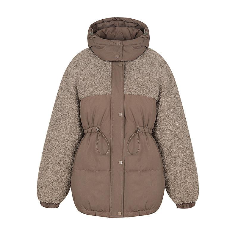 Stitching Lamb Wool Waist Drawstring Coat - AmiraMart