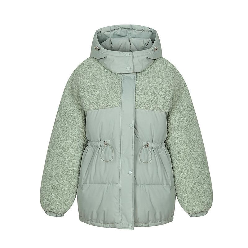 Stitching Lamb Wool Waist Drawstring Coat - AmiraMart
