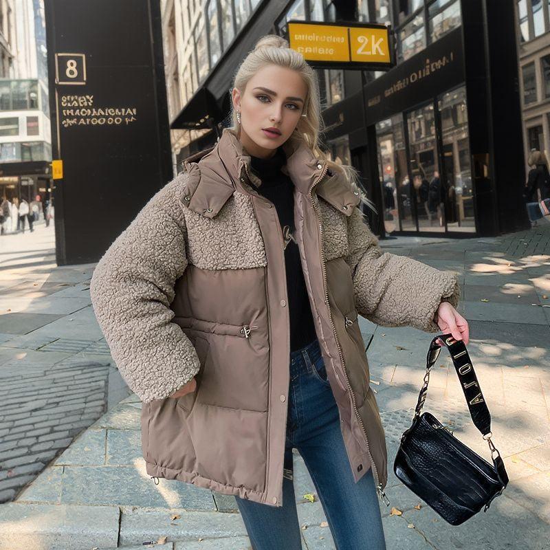 Stitching Lamb Wool Waist Drawstring Coat - AmiraMart