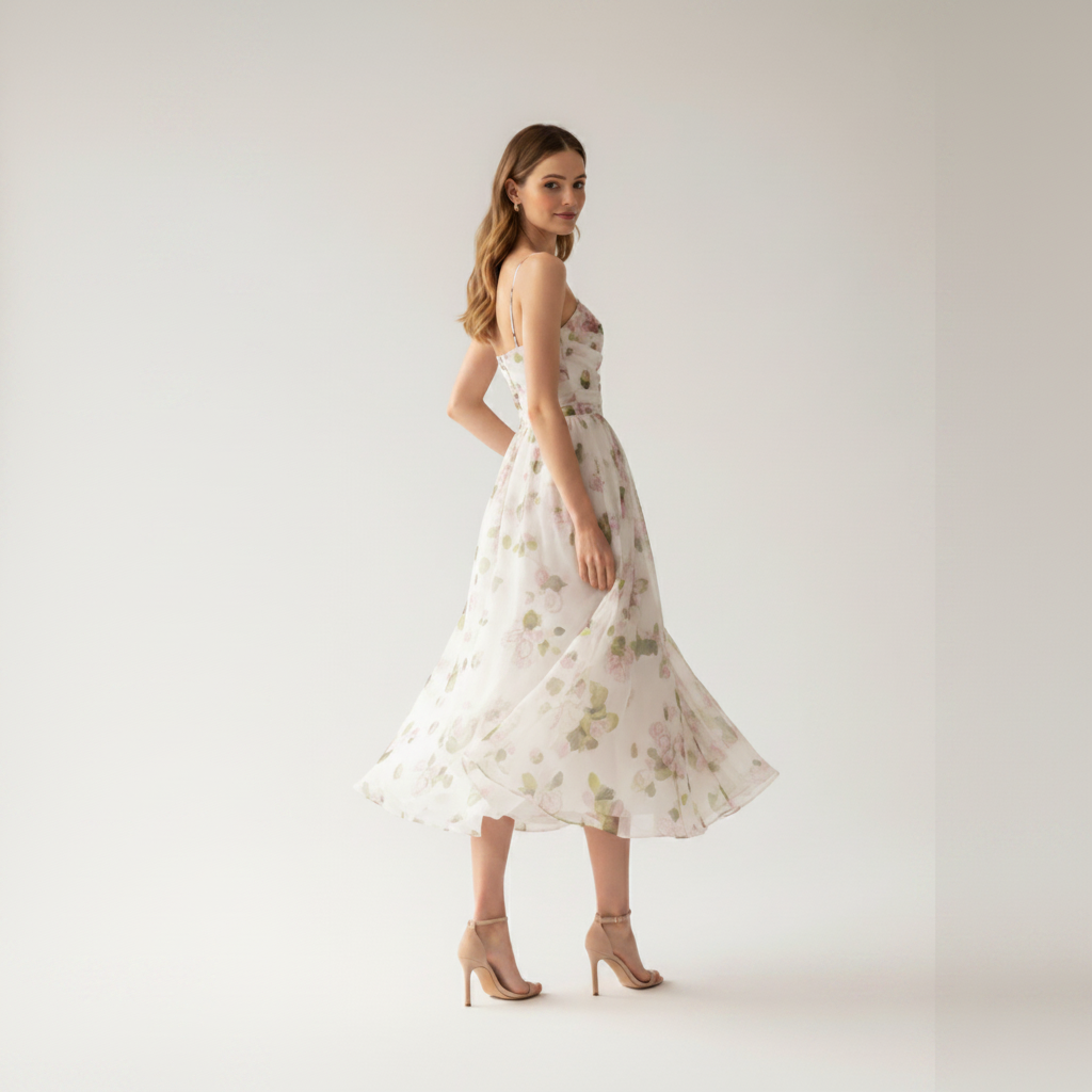 A woman modeling a strapless white midi dress with a soft green and yellow floral print, paired with beige high-heeled sandals, set against a plain light gray studio background.