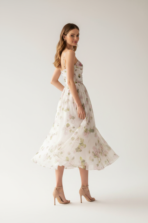 A woman modeling a strapless white midi dress with a soft green and yellow floral print, paired with beige high-heeled sandals, set against a plain light gray studio background.