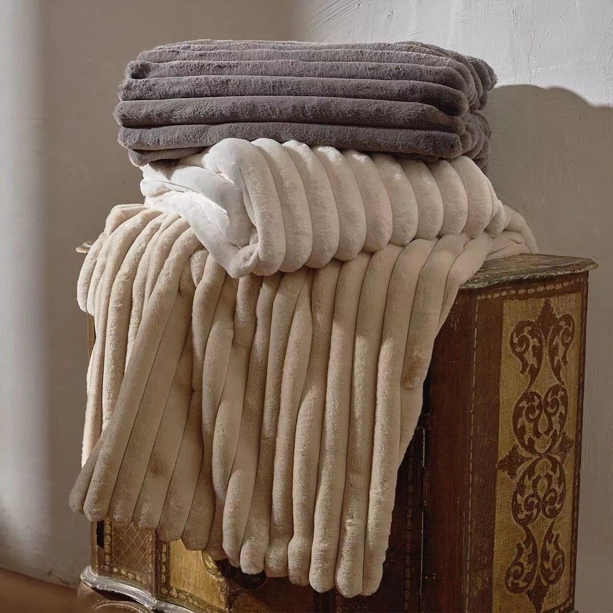 Striped Jacquard Rabbit Fur Blanket - AmiraMart