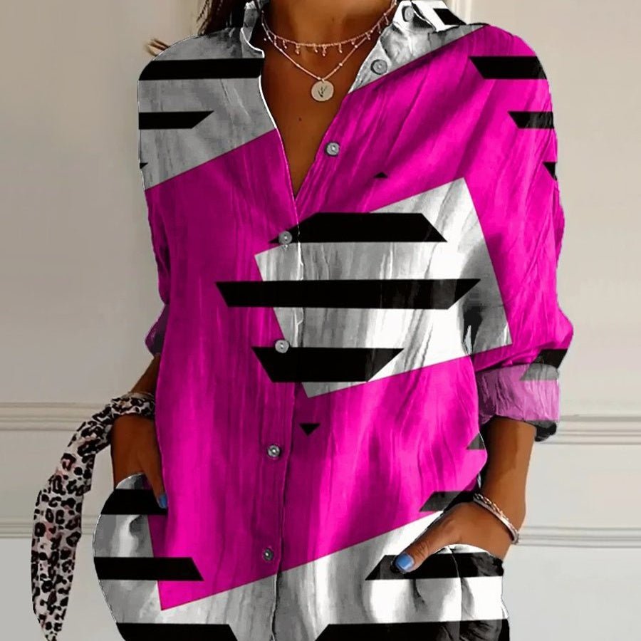 Striped Long - sleeved Shirt Women's Rainbow Cardigan Contrast Color Coat Lapel - AmiraMart