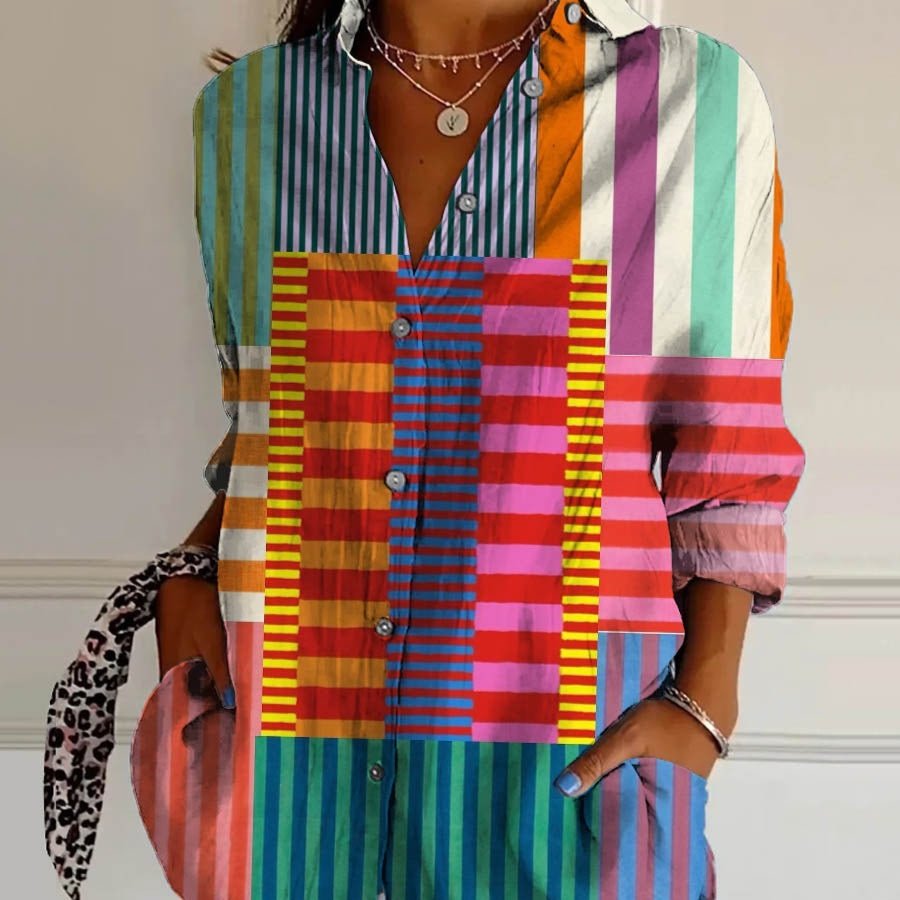 Striped Long - sleeved Shirt Women's Rainbow Cardigan Contrast Color Coat Lapel - AmiraMart
