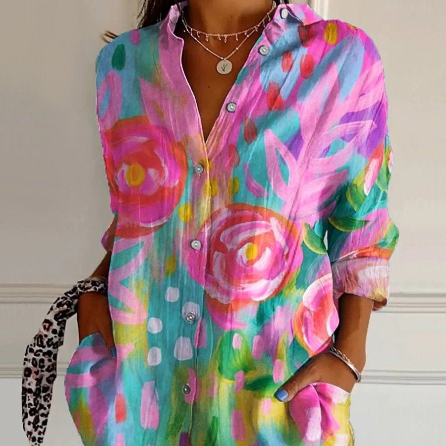 Striped Long - sleeved Shirt Women's Rainbow Cardigan Contrast Color Coat Lapel - AmiraMart