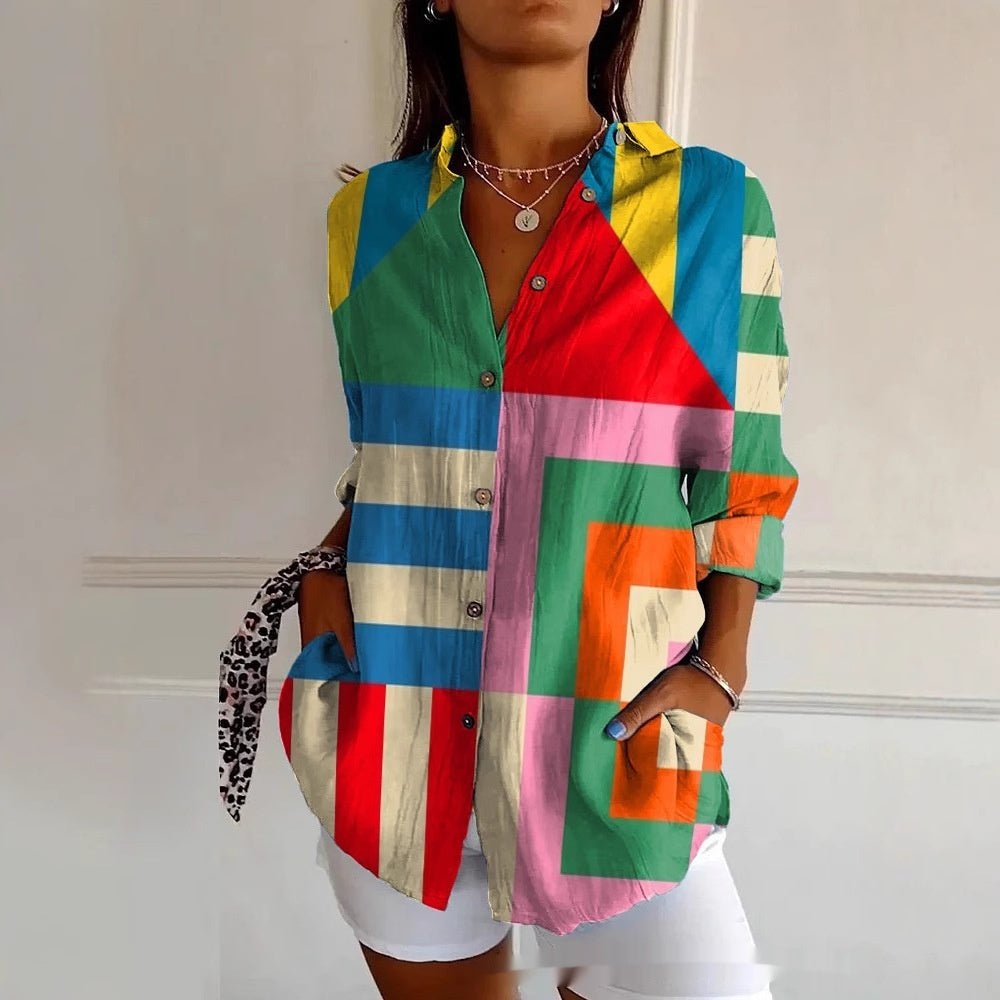 Striped Long - sleeved Shirt Women's Rainbow Cardigan Contrast Color Coat Lapel - AmiraMart