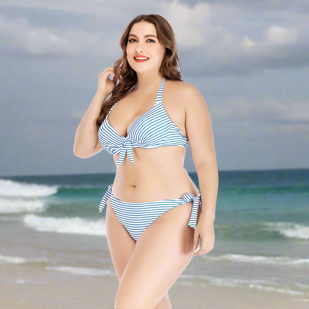 Striped printed underwire large size split swimsuit - AmiraMart