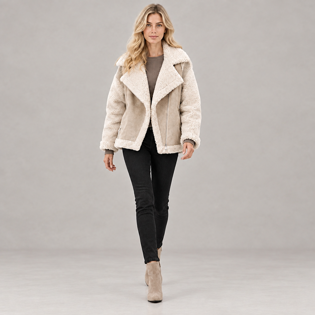 A woman modeling a beige sherpa-lined suede jacket with wide lapels, paired with black skinny jeans, a taupe top, and beige ankle boots, against a solid gray studio background.