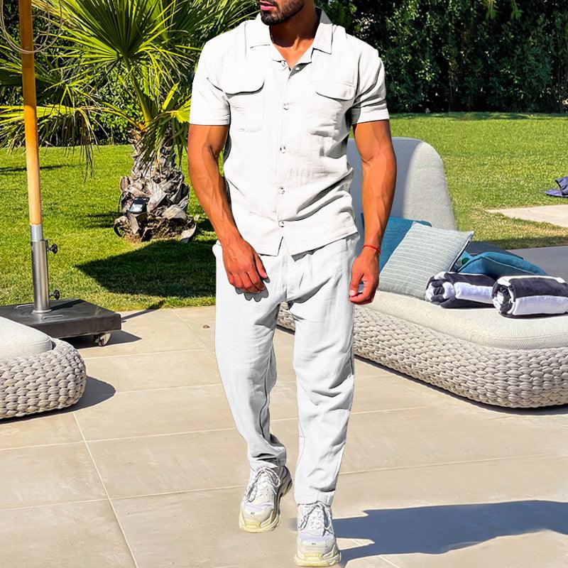 Summer Men's Short Sleeved Shirt Set Loose Casual Cardigan Shirt Pants - AmiraMart