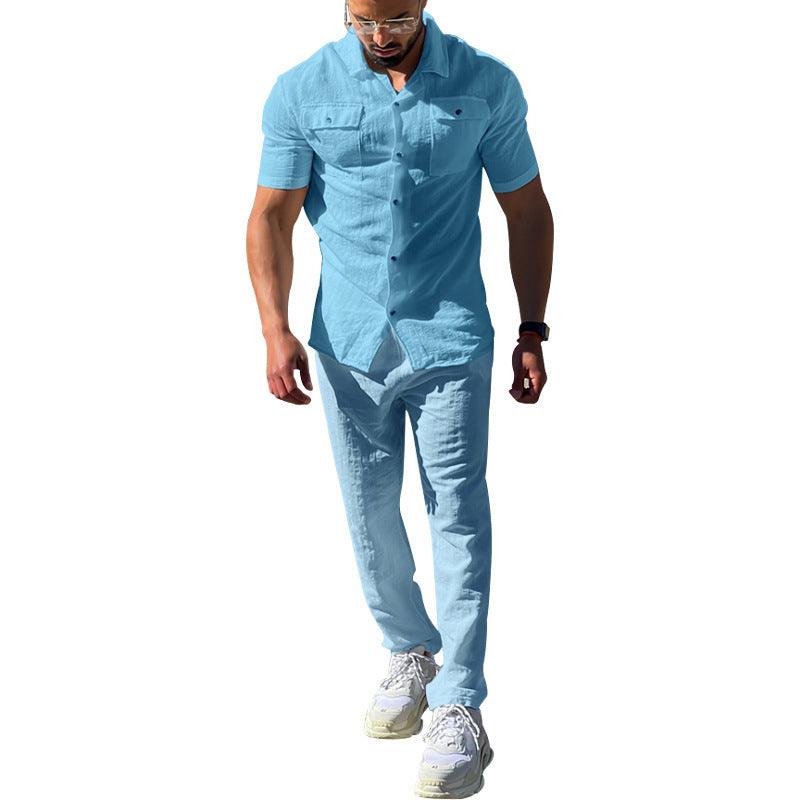 Summer Men's Short Sleeved Shirt Set Loose Casual Cardigan Shirt Pants - AmiraMart