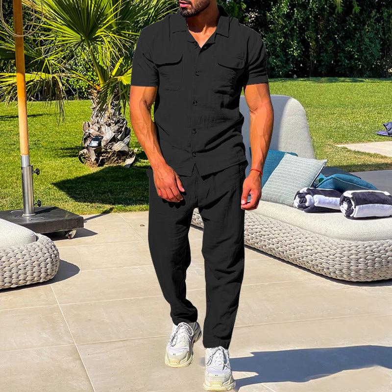 Summer Men's Short Sleeved Shirt Set Loose Casual Cardigan Shirt Pants - AmiraMart