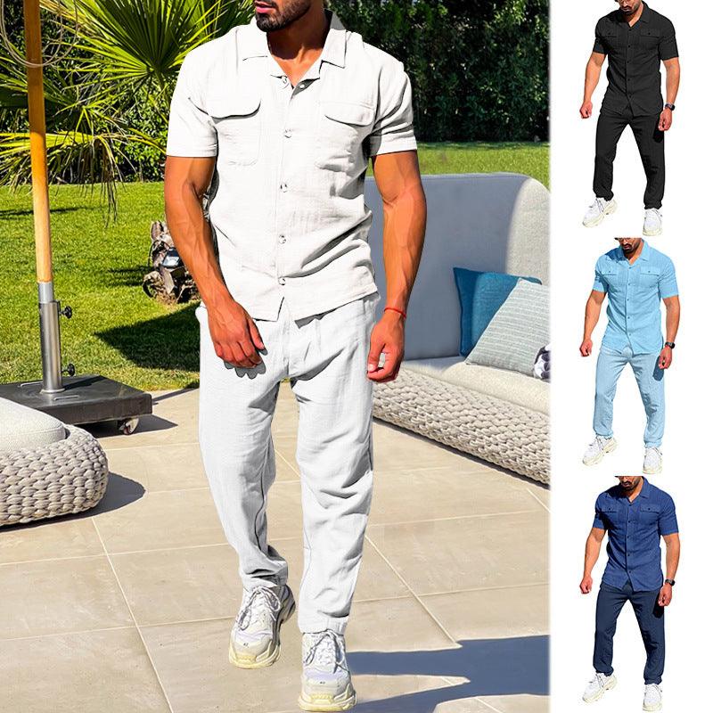 Summer Men's Short Sleeved Shirt Set Loose Casual Cardigan Shirt Pants - AmiraMart