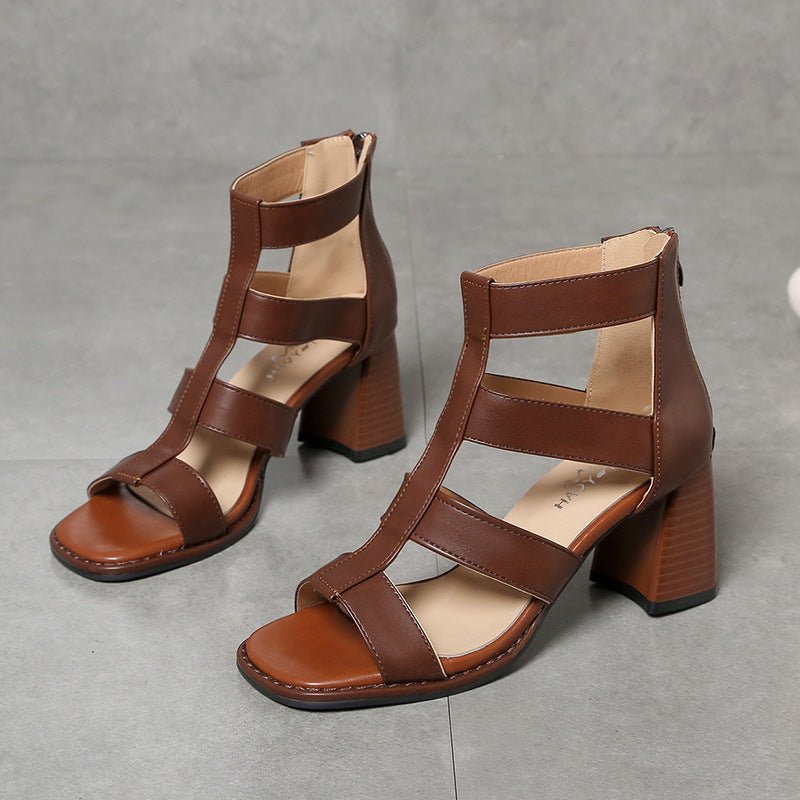 Summer New Hollow Retro Thick High Heel Sandals - AmiraMart
