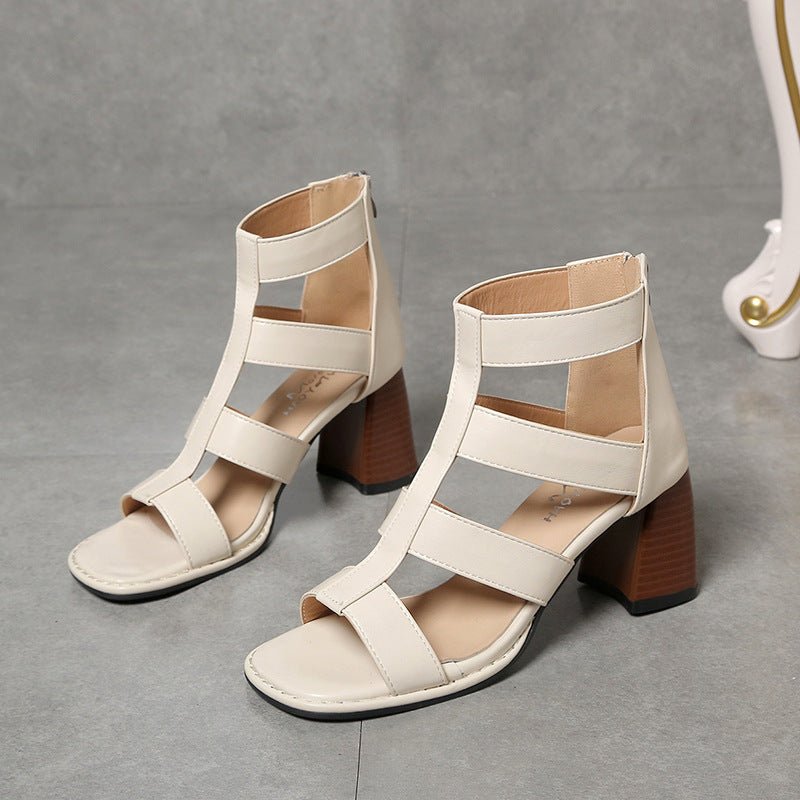 Summer New Hollow Retro Thick High Heel Sandals - AmiraMart