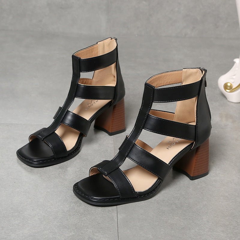 Summer New Hollow Retro Thick High Heel Sandals - AmiraMart