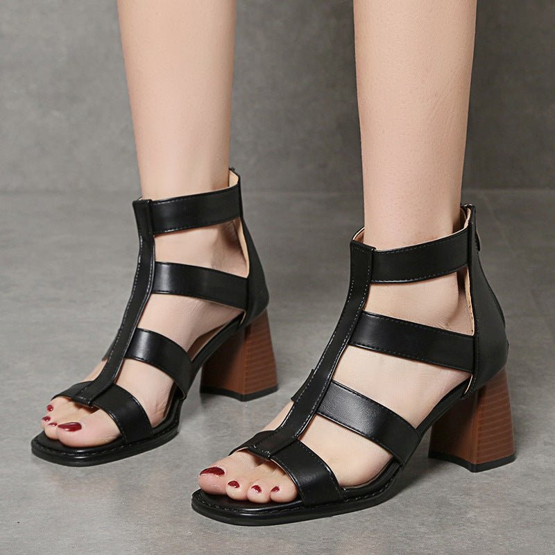 Summer New Hollow Retro Thick High Heel Sandals - AmiraMart