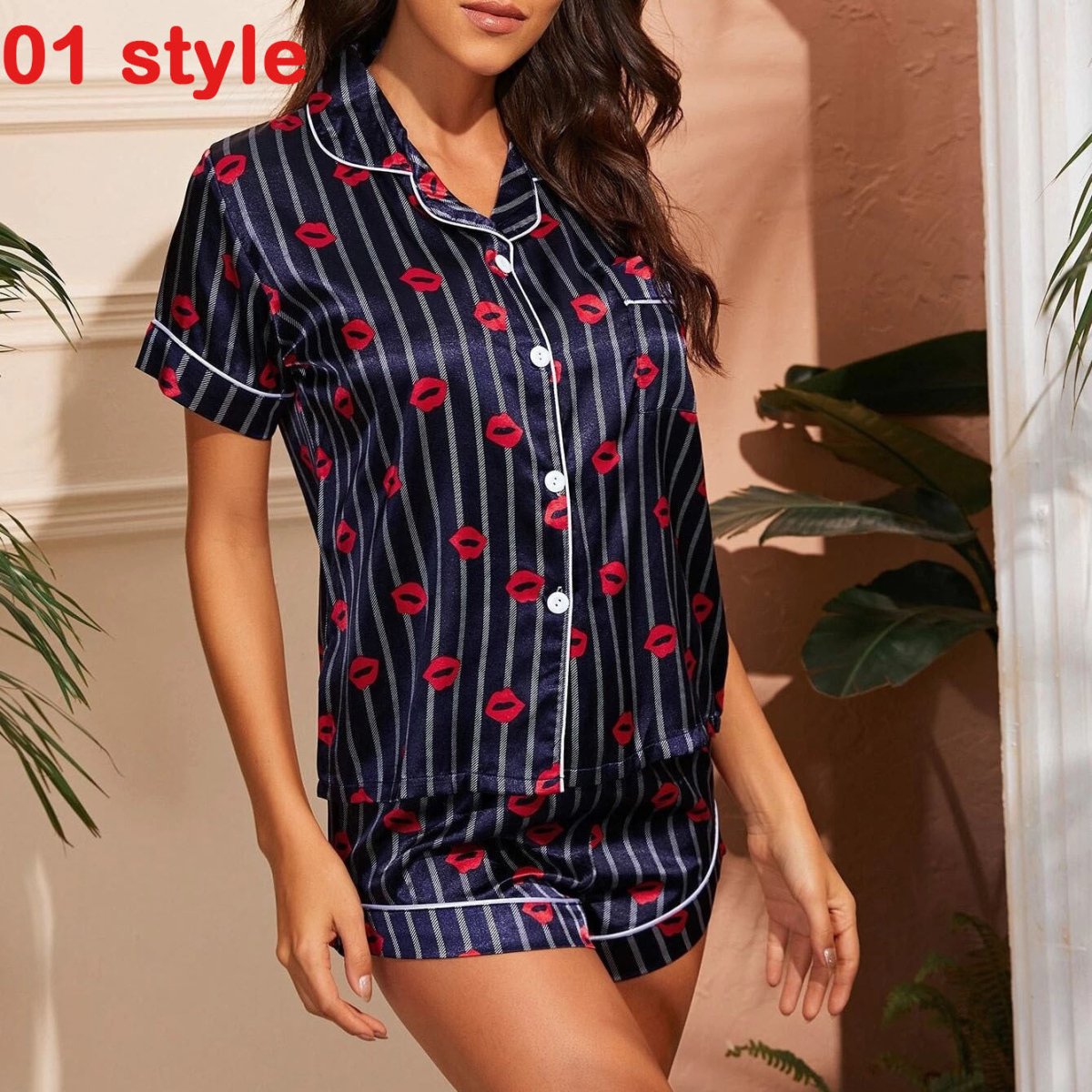 Print V - Neck Stretch Lingerie Female Sleepwear - AmiraMart