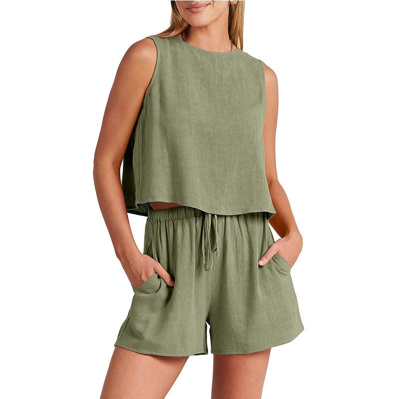 Summer Sleeveless Tops And Drawstring Shorts Fashion Suit - AmiraMart