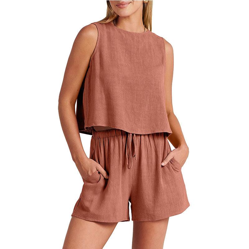 Summer Sleeveless Tops And Drawstring Shorts Fashion Suit - AmiraMart