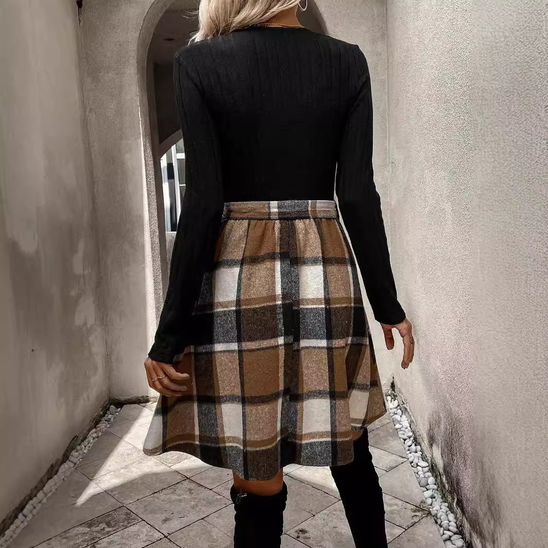 Sunken Stripe Stitching Plaid Lace - up Skirt - AmiraMart