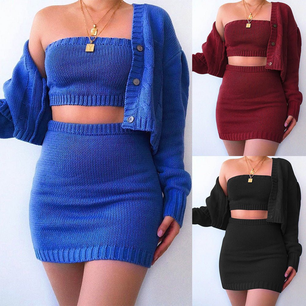 Sweater cardigan short skirt three piece set - AmiraMart