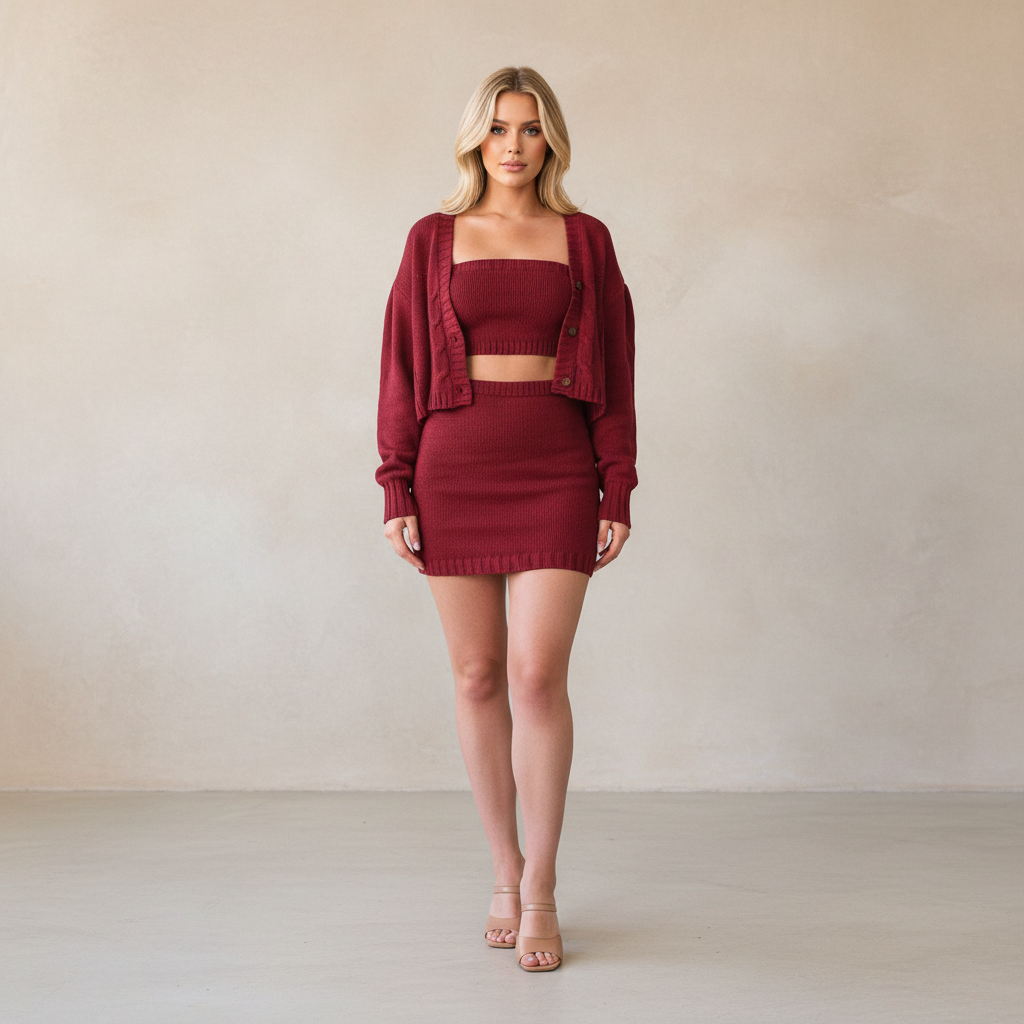 A woman modeling a matching burgundy knit three-piece set consisting of a cropped cardigan, a strapless tube top, and a mini skirt, standing against a neutral beige wall.