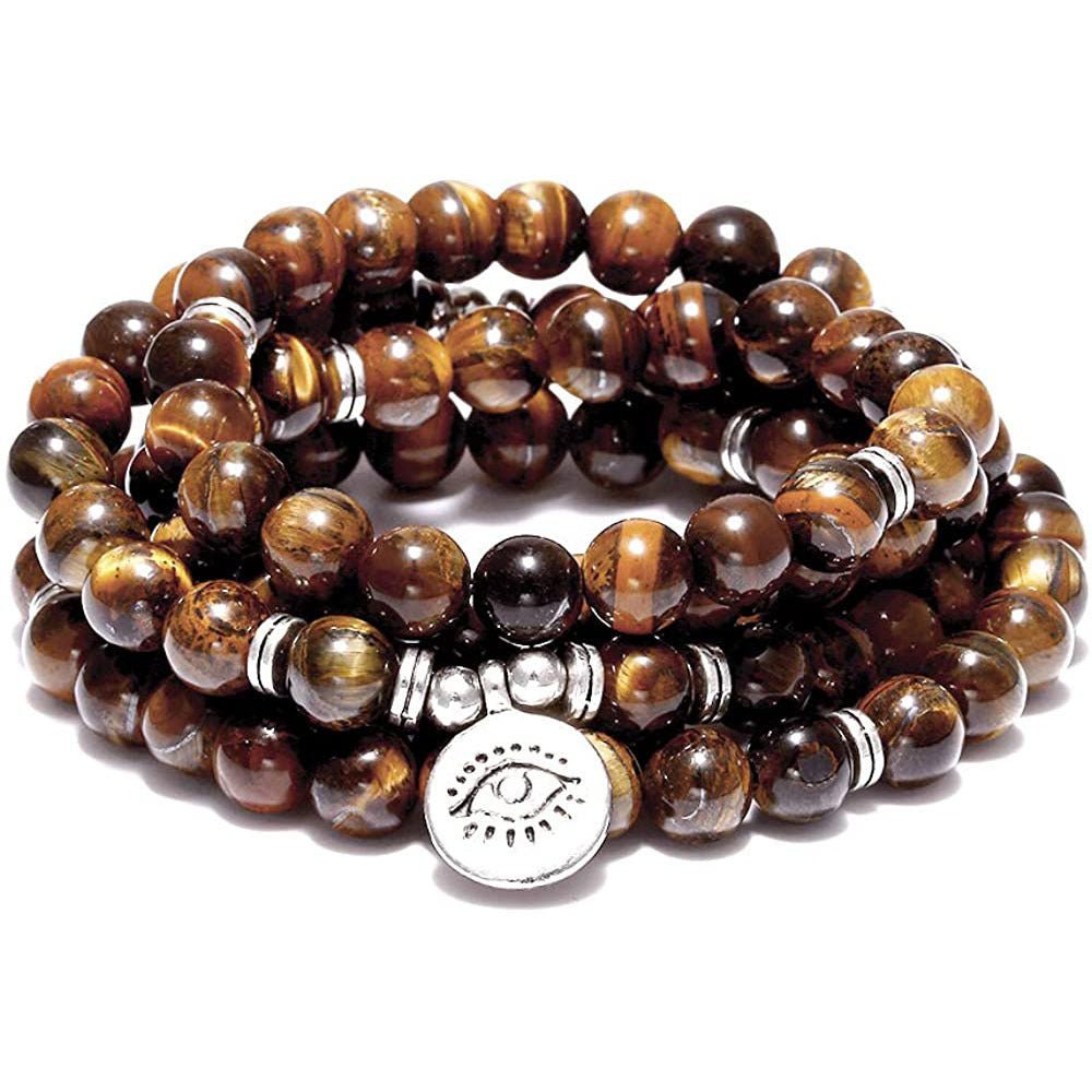 Tiger Eye Stone Bracelet – 108 Buddha Beads & Lotus - AmiraMart