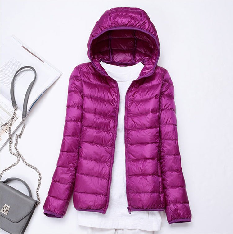 Ultra - light Women's Lightweight Stand Collar Hooded Down Jacket - AmiraMart