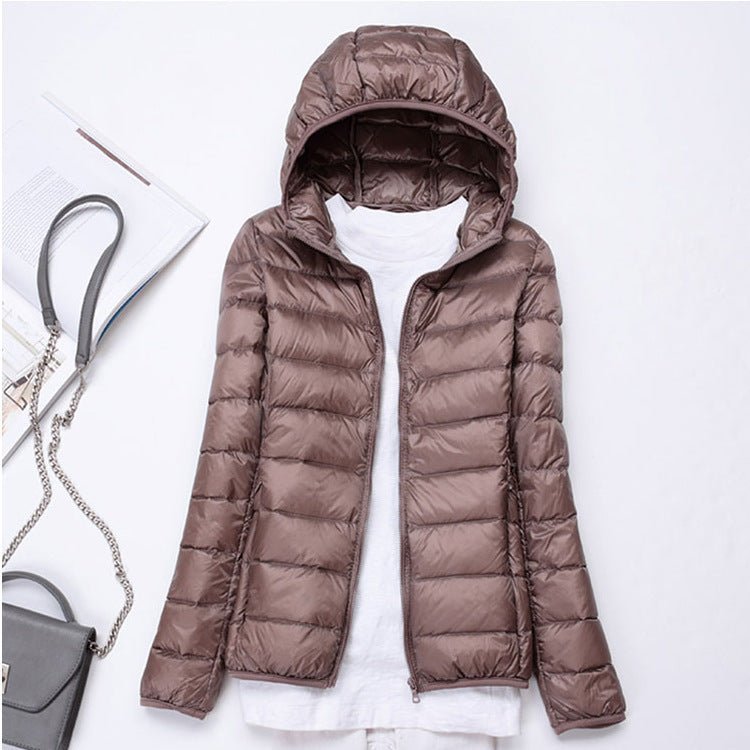 Ultra - light Women's Lightweight Stand Collar Hooded Down Jacket - AmiraMart