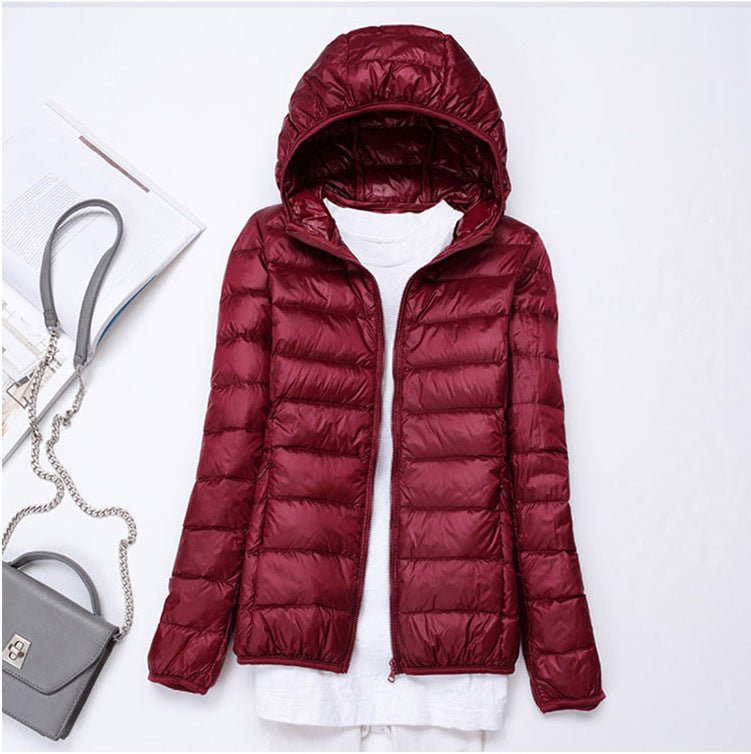 Ultra - light Women's Lightweight Stand Collar Hooded Down Jacket - AmiraMart