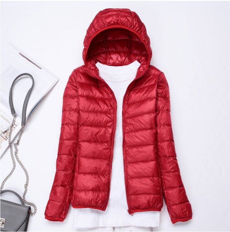 Ultra - light Women's Lightweight Stand Collar Hooded Down Jacket - AmiraMart