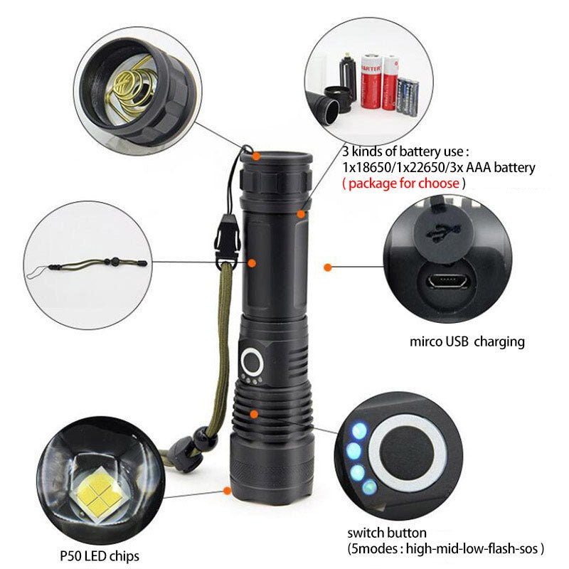 USB Charging Zoom P50 Flashlight - AmiraMart