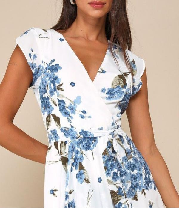 V - Neck Digital Print Dress - Asymmetrical Hem Summer Dress - AmiraMart