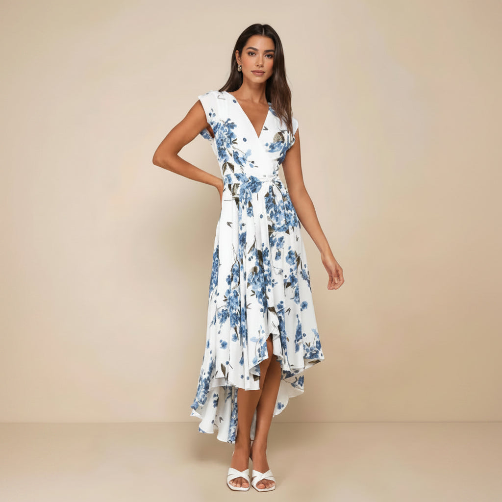V - Neck Digital Print Dress - Asymmetrical Hem Summer Dress - AmiraMart