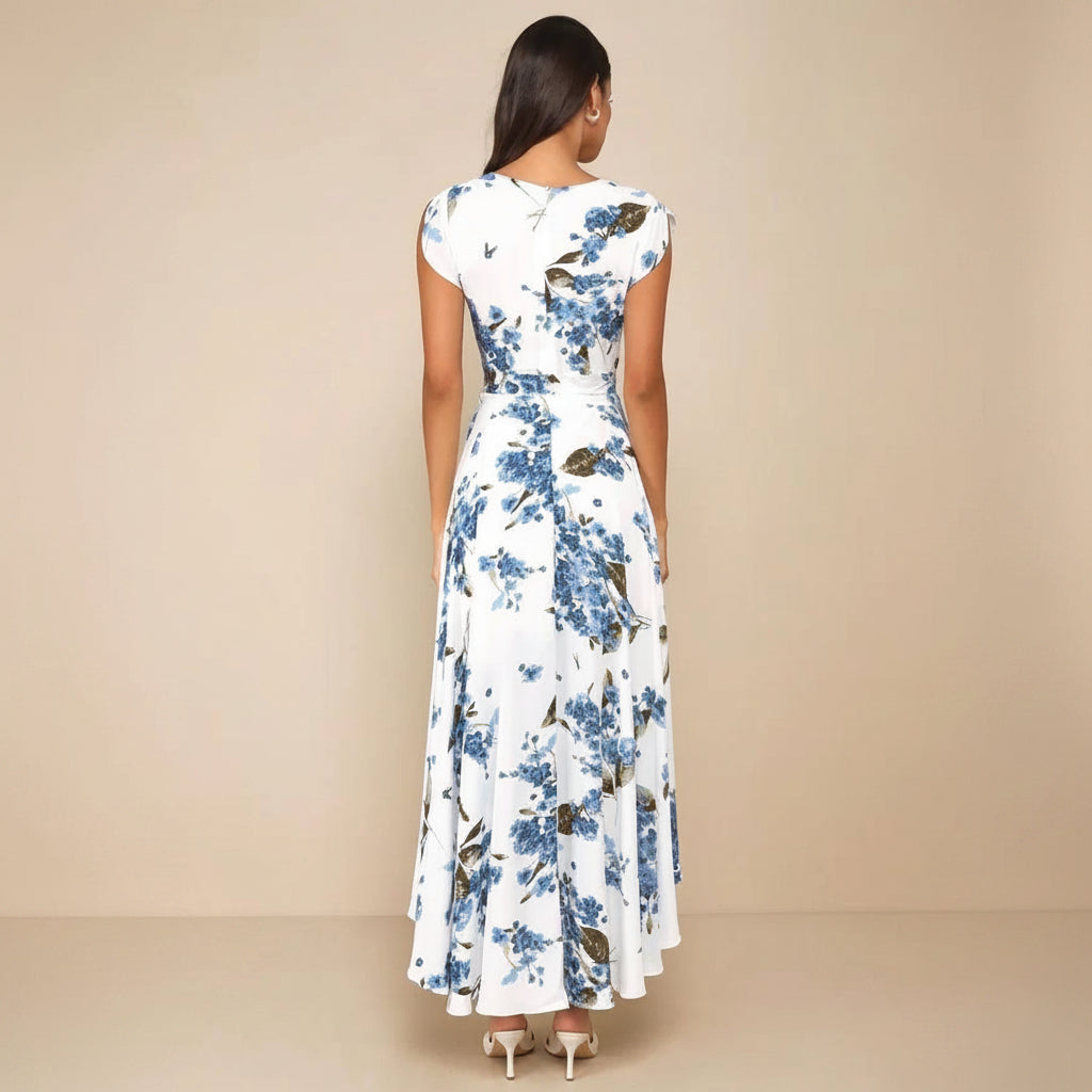 V - Neck Digital Print Dress - Asymmetrical Hem Summer Dress - AmiraMart
