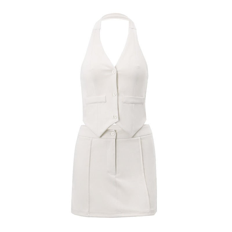 V - Neck Halter Vest & Skirt Suit - Stitched Contrast Set - AmiraMart