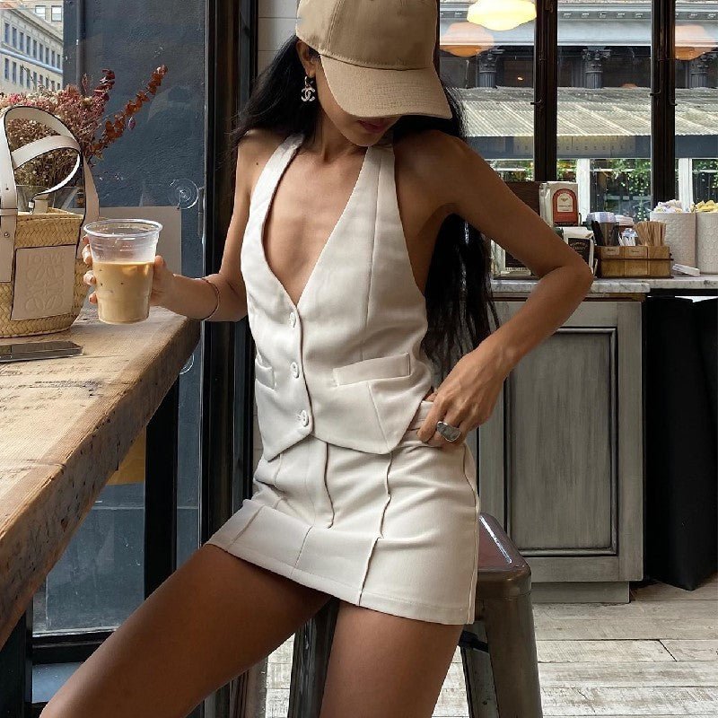 V - Neck Halter Vest & Skirt Suit - Stitched Contrast Set - AmiraMart