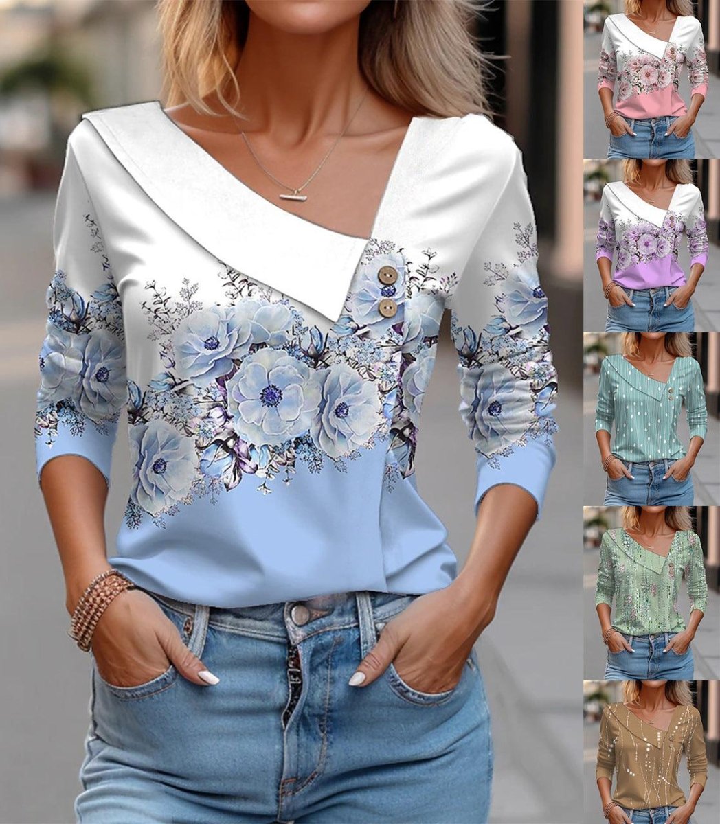 V - neck Long Sleeve T-shirt Floral Print - AmiraMart