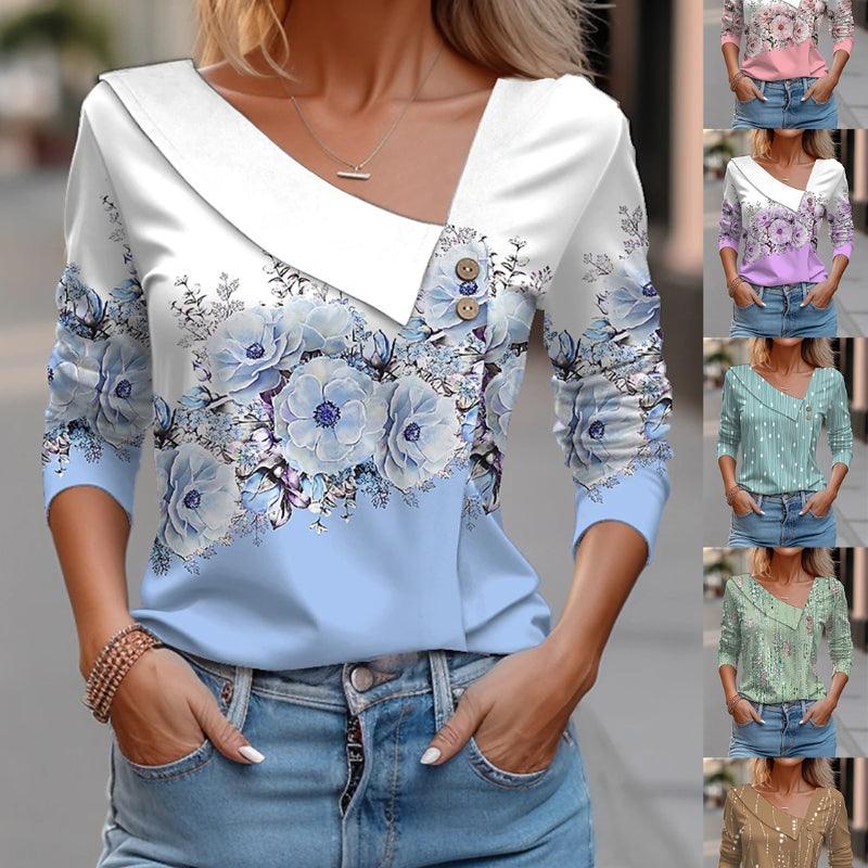 V - neck Long Sleeve T-shirt Floral Print - AmiraMart