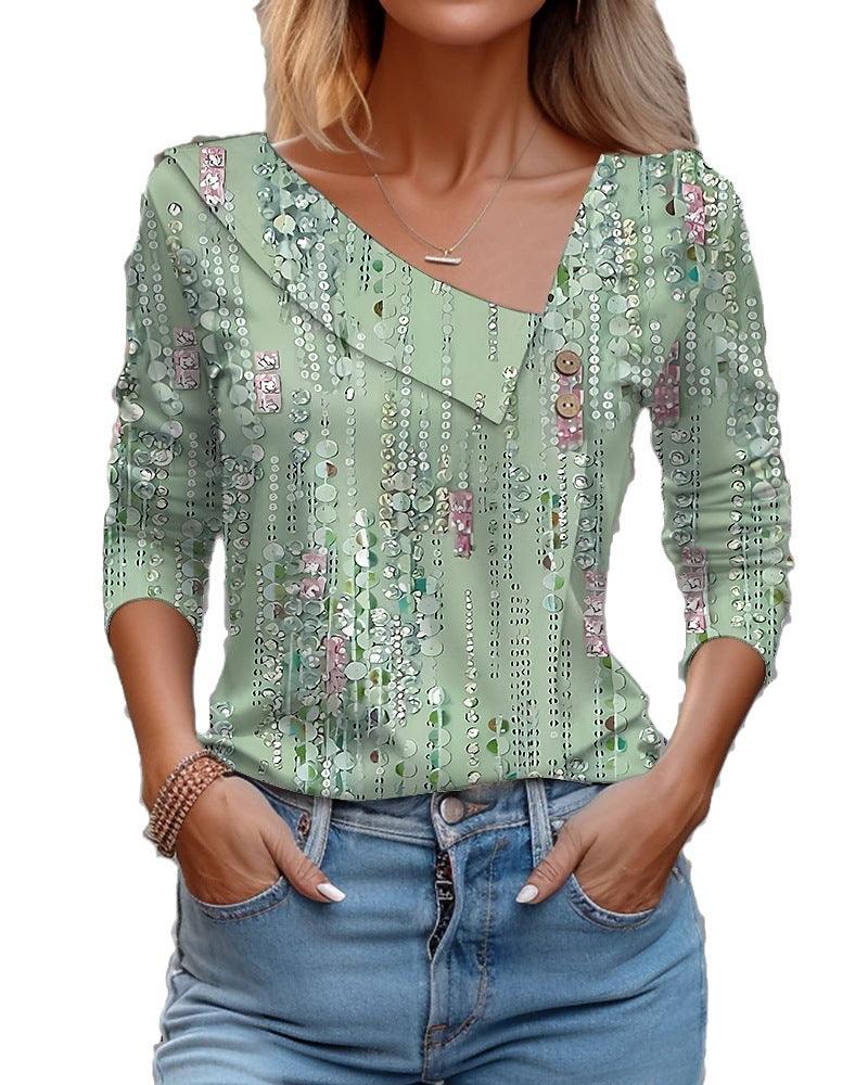 V - neck Long Sleeve T-shirt Floral Print - AmiraMart
