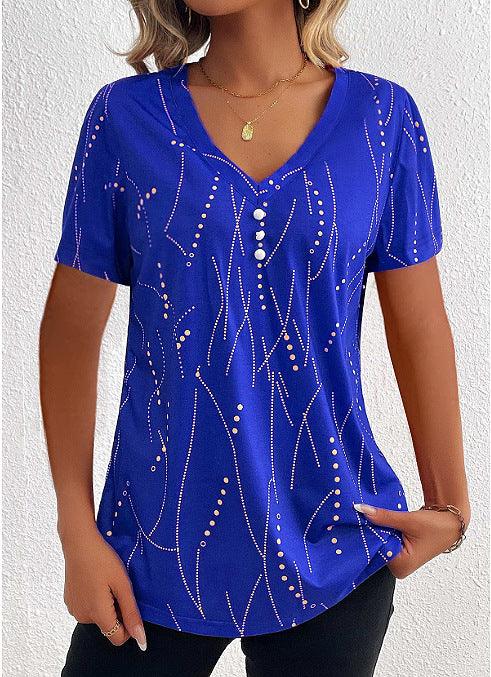 V - neck Printed Button T-shirt Summer Fashion - AmiraMart