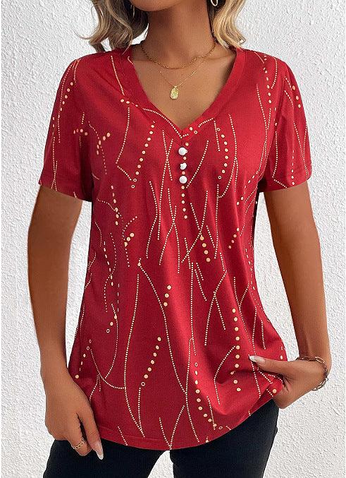 V - neck Printed Button T-shirt Summer Fashion - AmiraMart