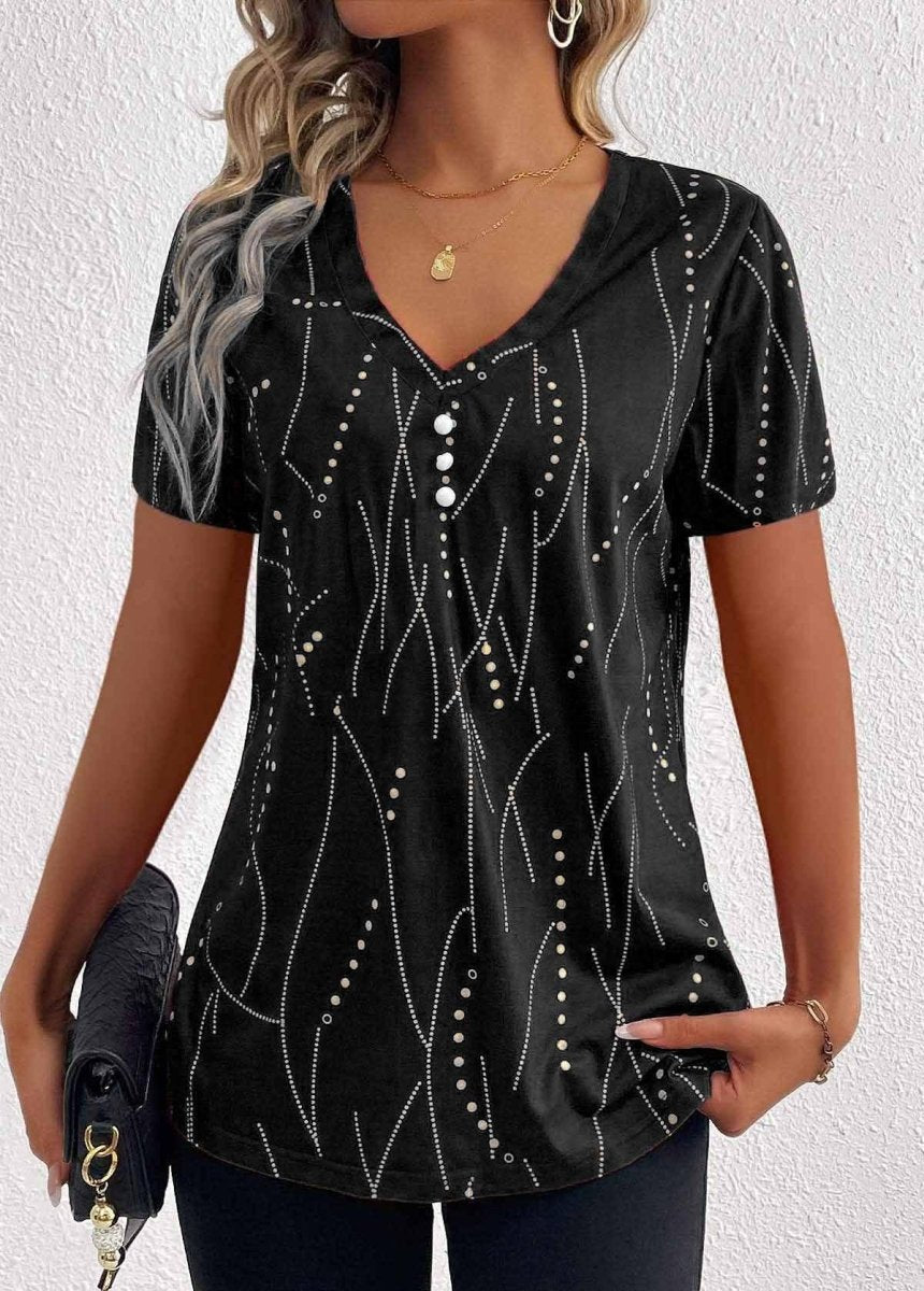 V - neck Printed Button T-shirt Summer Fashion - AmiraMart