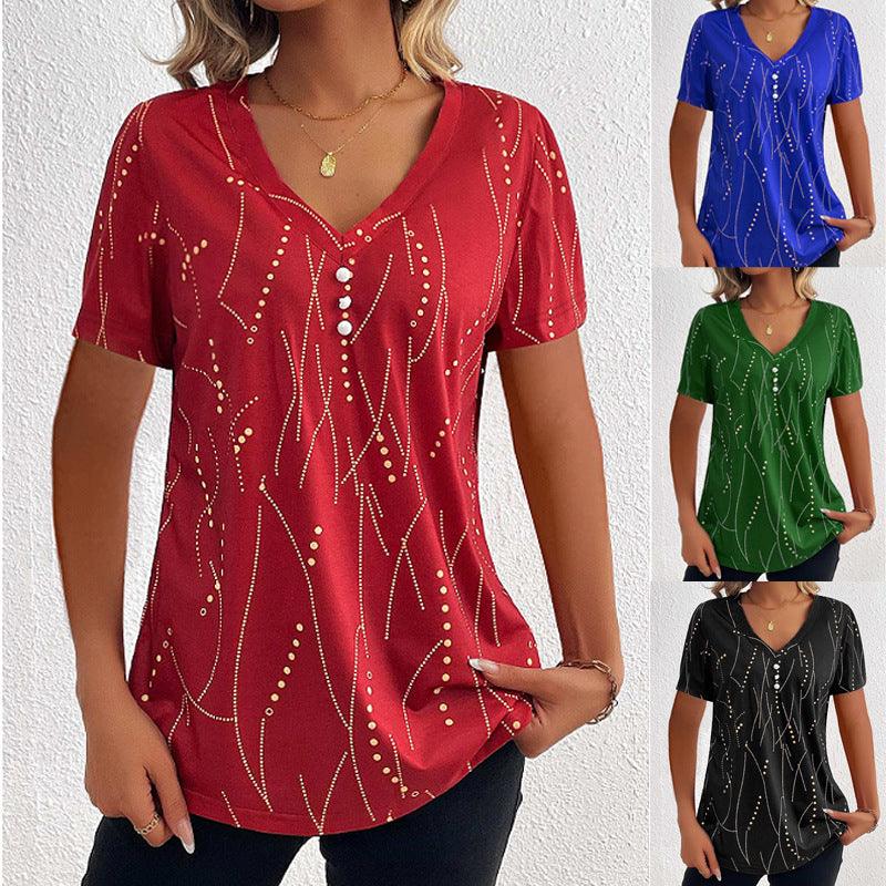V - neck Printed Button T-shirt Summer Fashion - AmiraMart