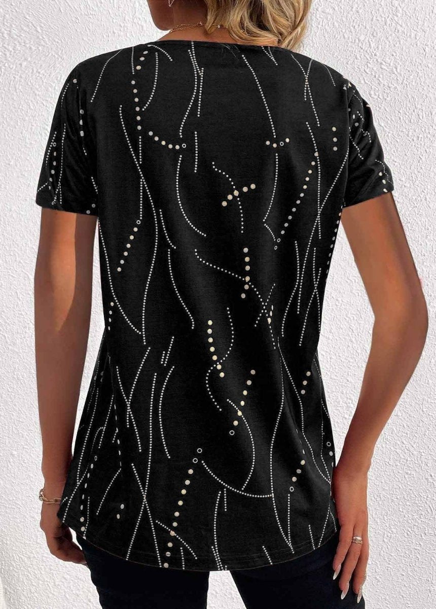 V - neck Printed Button T-shirt Summer Fashion - AmiraMart