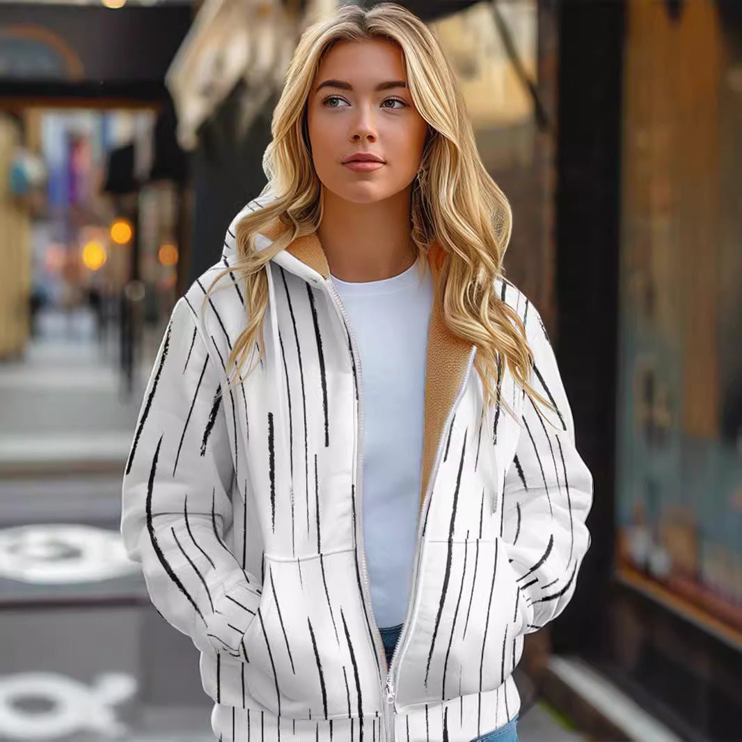Warm - keeping Cotton Clothing Ladies Hooded Zip Jacket Fleece - lined - AmiraMart